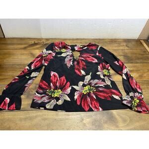 Trina Turk Silk Red Black Floral Print Blouse Pullover Top Keyhole Size Medium